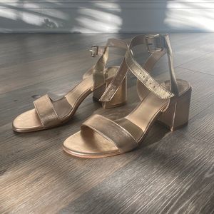 Metallic Gold Block Heel Sandals with Ankle Strap